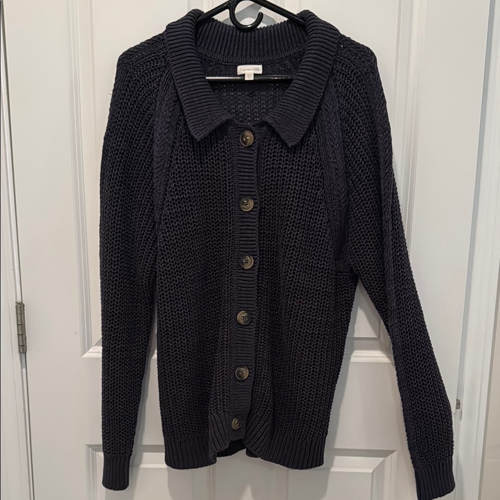 Garnet Hill Black Cardigan Sweater with Collared Neckline